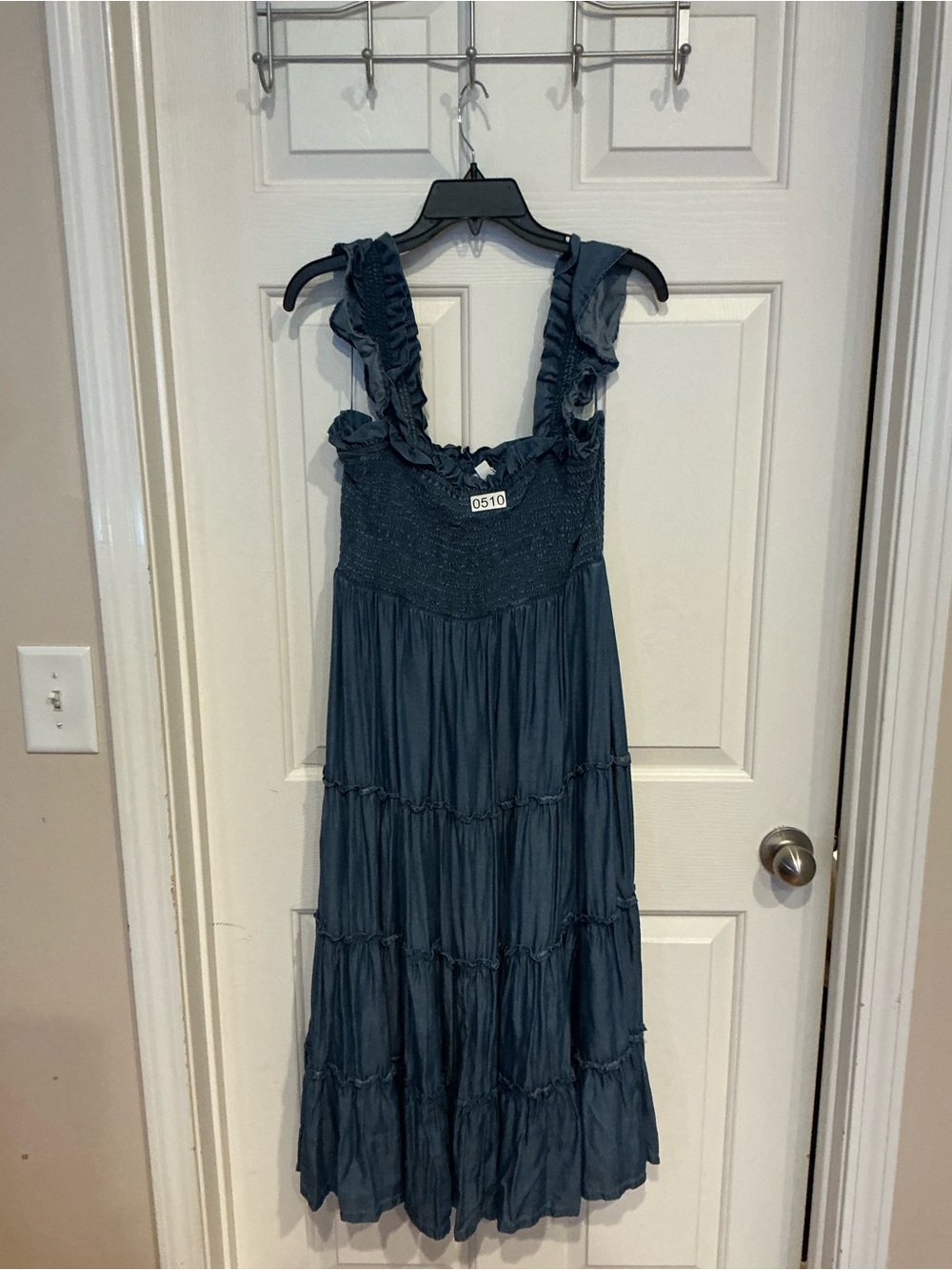 crown & ivy Blue Ruffled Midi Dress with Smocked Bodice